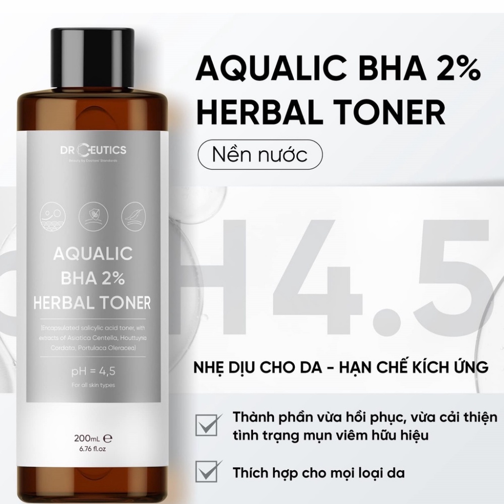 Toner DrCeutics Aqualic BHA 2% Herbal 200ml (nền nước) giúp làm sạch và cân bằng pH của da