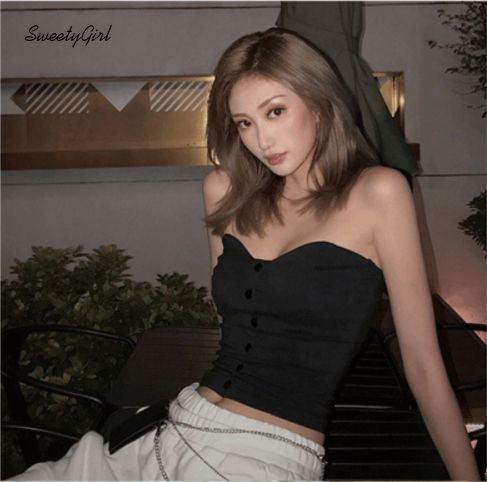 Áo ống cắt thấp màu trơn cài nút áo trước ngực quyến rũ dễ phối đồ dành cho phái nữ | BigBuy360 - bigbuy360.vn