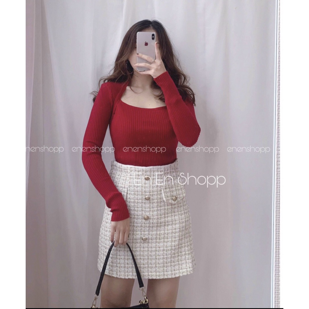 Áo len tăm dáng ôm cổ vuông phá cách phong cách Hàn Quốc kiểu ulzzang | BigBuy360 - bigbuy360.vn