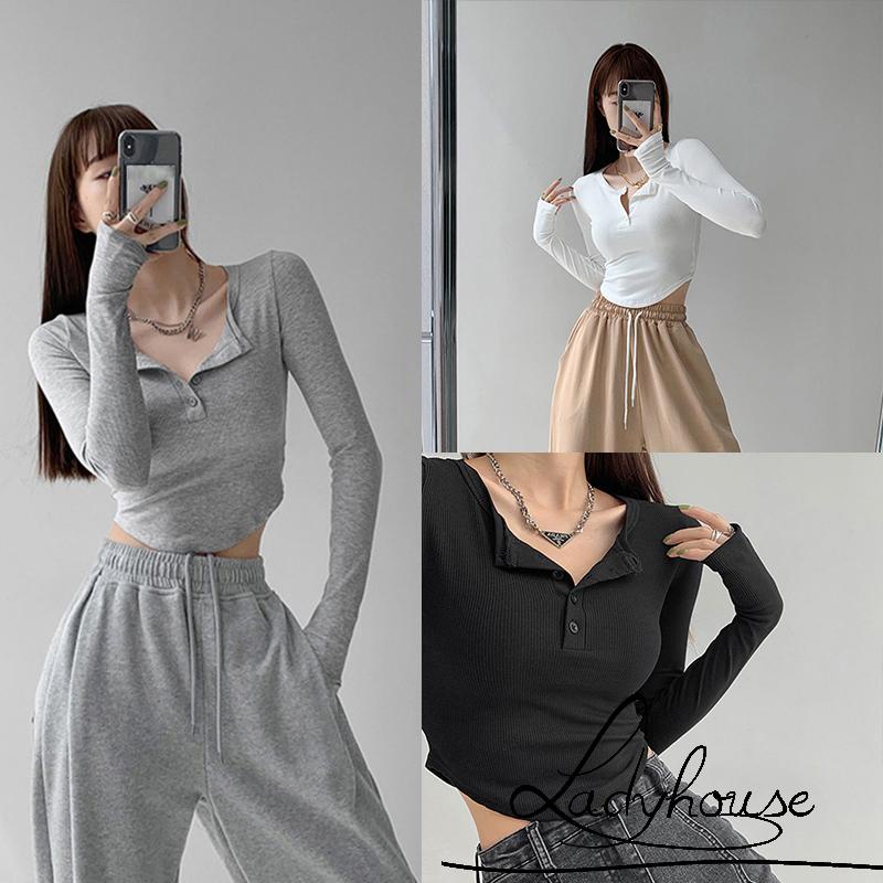 LDD-Women T-shirt Long Sleeve Henley Neck Solid Slim Fit Fall Casual Daily Ladies Tops
