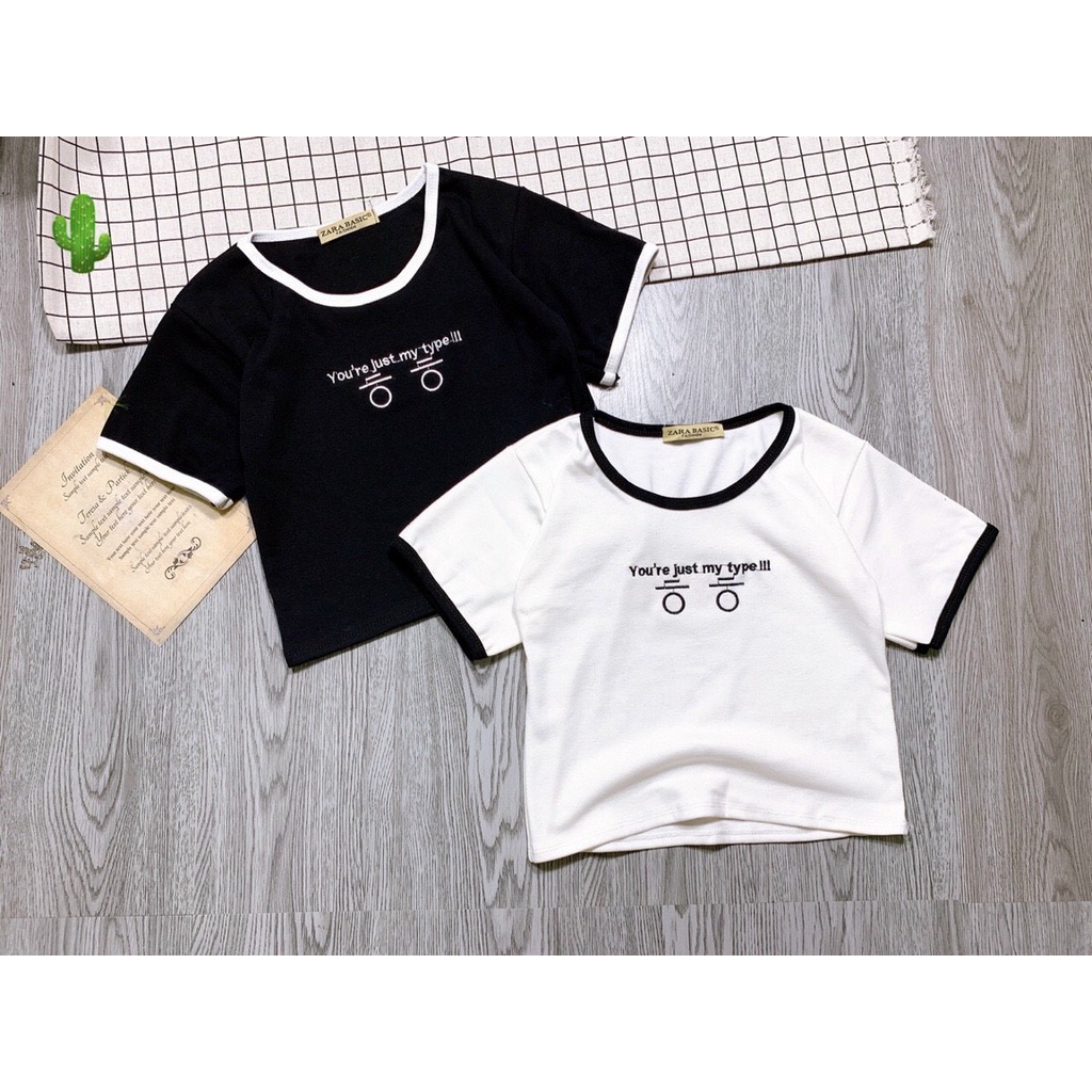 áo kiểu croptop viền màu thêu chữ Hàn xinh pc