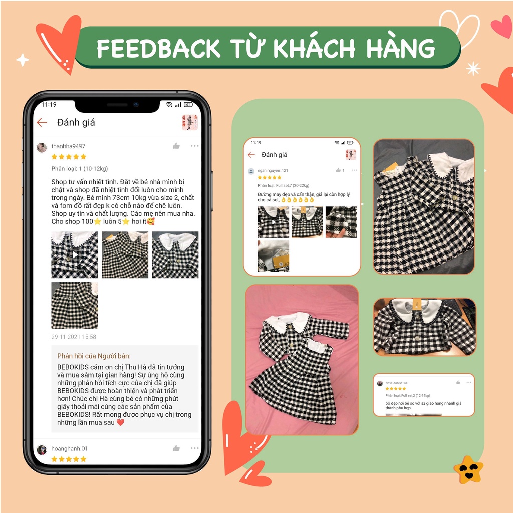 Set váy đầm thiết kế xòe công chúa mùa xuân xinh xắn cho bé gái 10-22kg chất liệu dạ len kẻ caro cao cấp A03