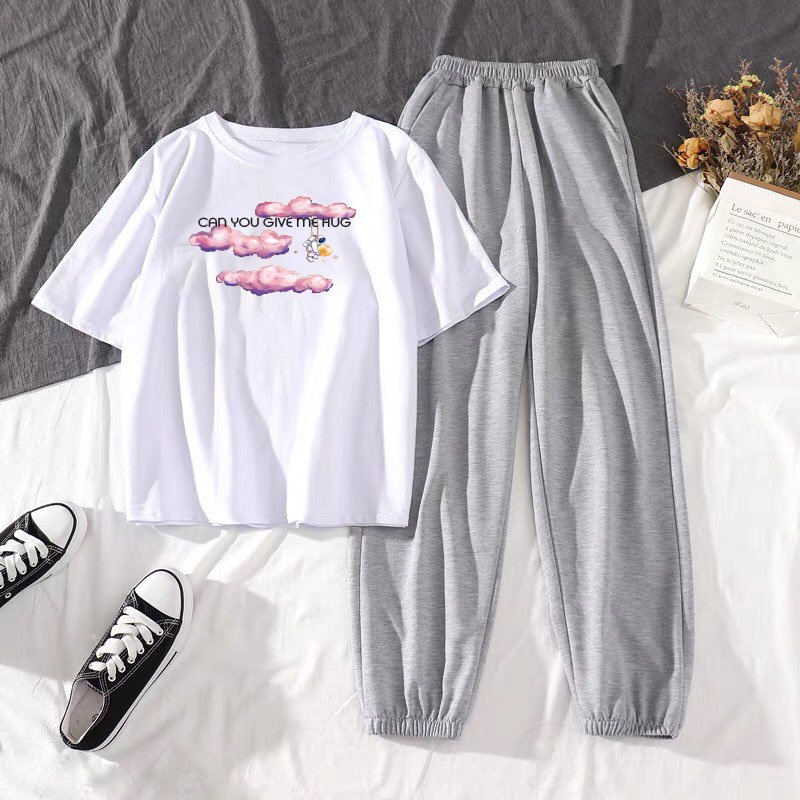 Sét Áo Mây hồng + quần bom chun, Áo thun from rộng, Chất đẹp không xù, quần suông ống rộng, Sét bộ mặc ở nhà - MODY