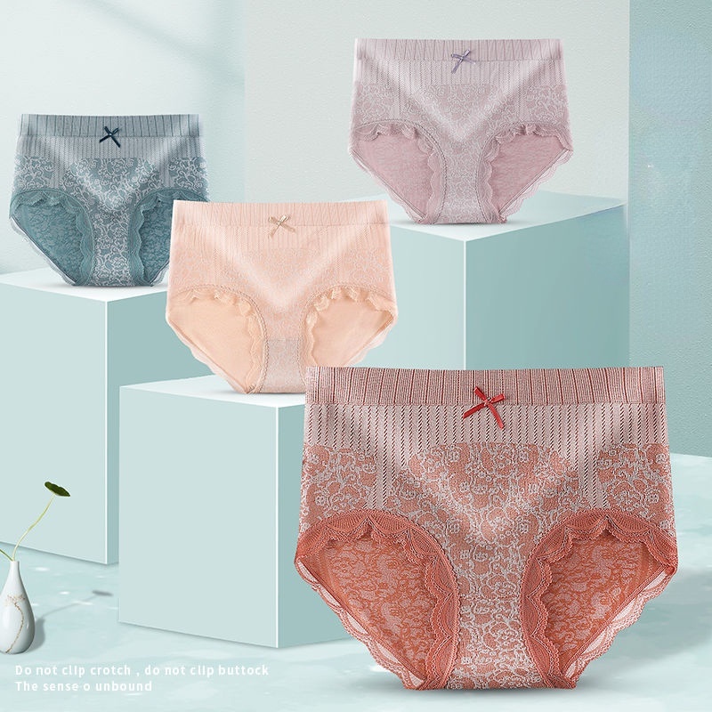 Quần Lót cotton Phối Ren Không Đường May Kháng Khuẩn Lưng Cao Thời Trang Nữ