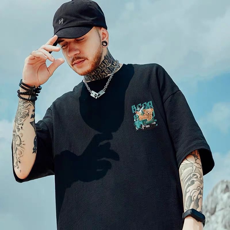 Áo Thun Nam Tay Ngắn Dáng Rộng In Hình Gấu Hoạt Hình Phong Cách Hip Hop Thời Trang Mùa Hè Size M-8XL