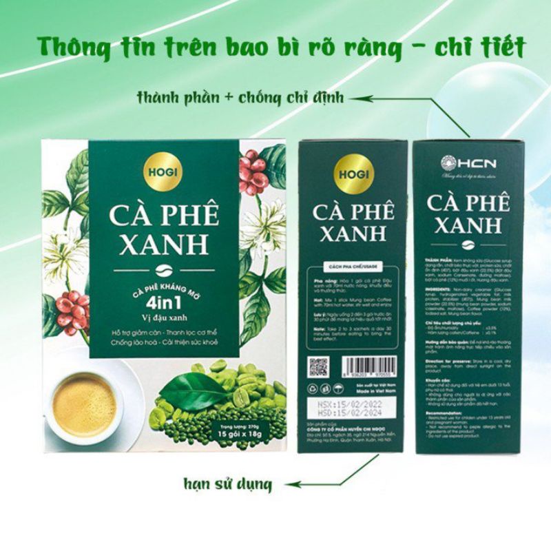 Cà phê xanh Hogi hộp 15 gói x 18g giảm cân kháng mỡ hiệu quả