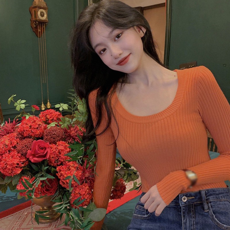 Women's U-Neck Solid Color Slim Casual Long Sleeve Knitted Tops