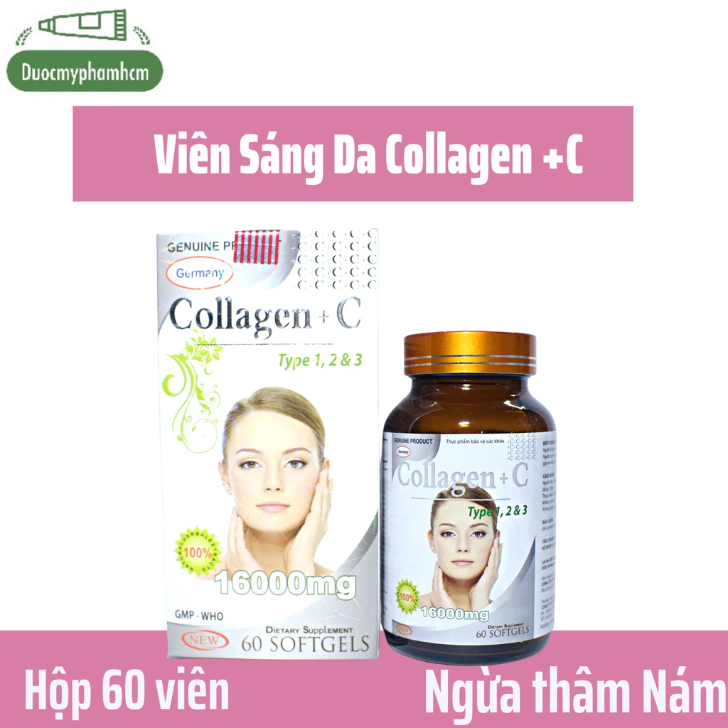 Collagen C + Trắng,Viên Uống Đẹp Da, Trắng Da 16000mg, đẹp da, sáng da, mờ thâm, chống lão hóa Hộp 60 viên