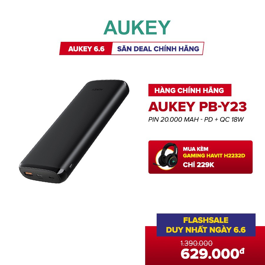 ♛Pin Dự Phòng 20000mAh AUKEY PB-Y23, QC 3.0, PD 18W, Cổng Lightning In 18W