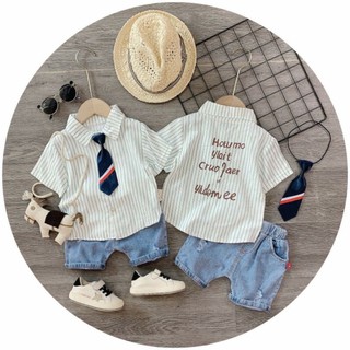 Set áo kẻ sọc xanh cà vạt - quần jean cho bé trai