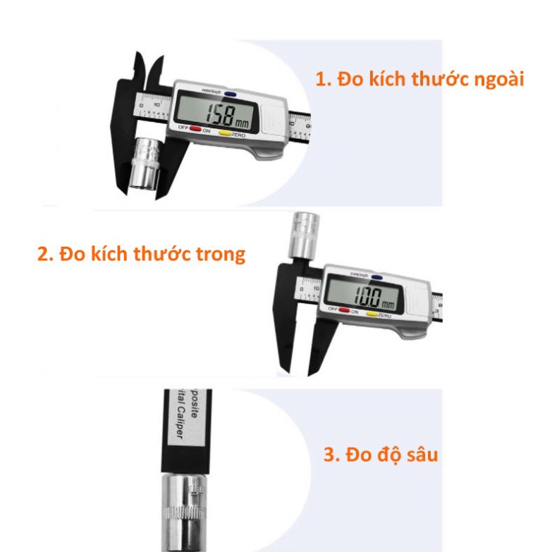 Thước kẹp điện tử sợi các bon 150mm độ chính xác 0.1mm mặt trắng