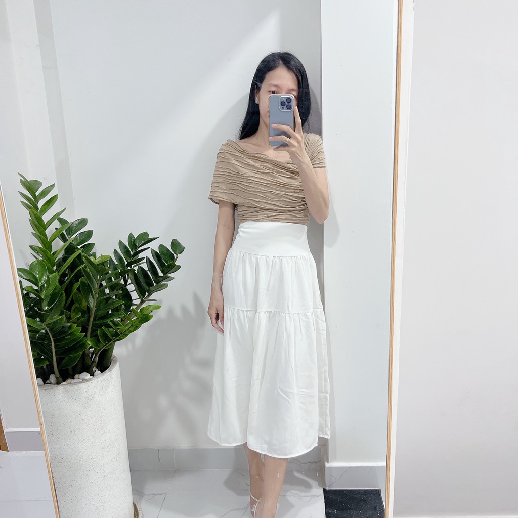 [Ảnh thật] Áo thun gợn sóng lệch vai