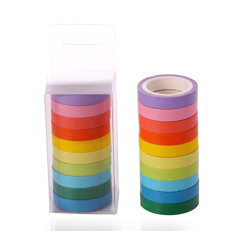 Hộp 10 cuộn băng keo giấy washi nhiều màu kẹo trơn dễ thương dễ xé dùng để làm đồ thủ công
