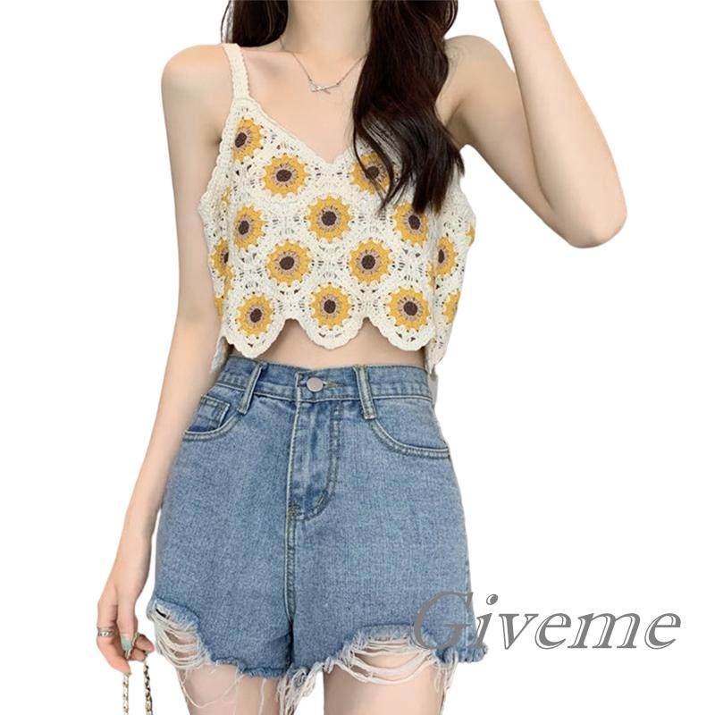Áo Croptop Dệt Kim Sát Nách Cổ Chữ V Họa Tiết Hoa Hướng Dương Thời Trang Mùa Hè Cho Nữ