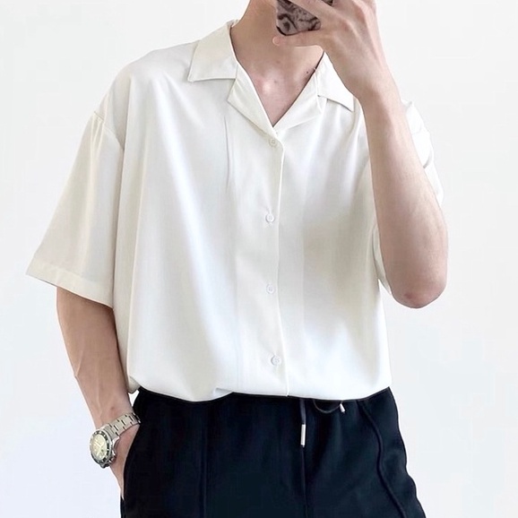 Áo sơ mi ngắn tay nam nữ form rộng cổ vest unisex tay lỡ chất vải đũi cao cấp chống nhăn A04