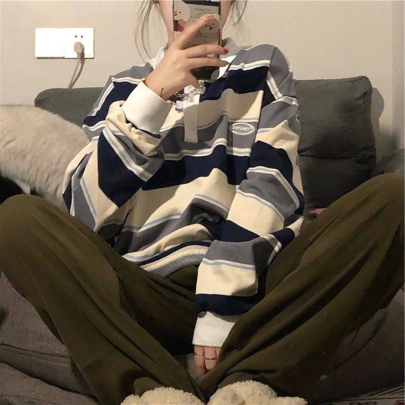 SUXI Áo thun cổ polo họa tiết kẻ sọc dáng rộng phong cách Hàn Quốc năng động cho nữ