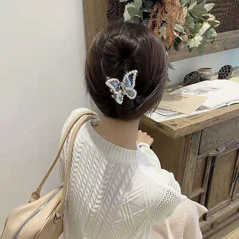 Kẹp tóc hình bướm trong suốt đính ngọc trai giả phong cách Hàn Quốc cổ điển cho nữ