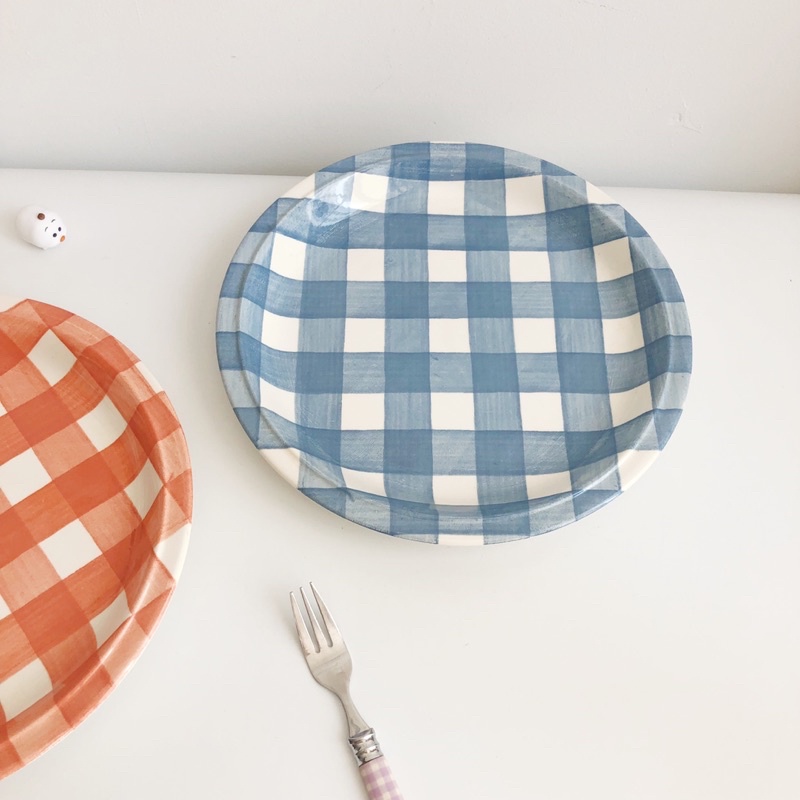Đĩa vintage pastel kẻ caro gingham hàng Anh gốm sứ Nhật Âu dễ thương