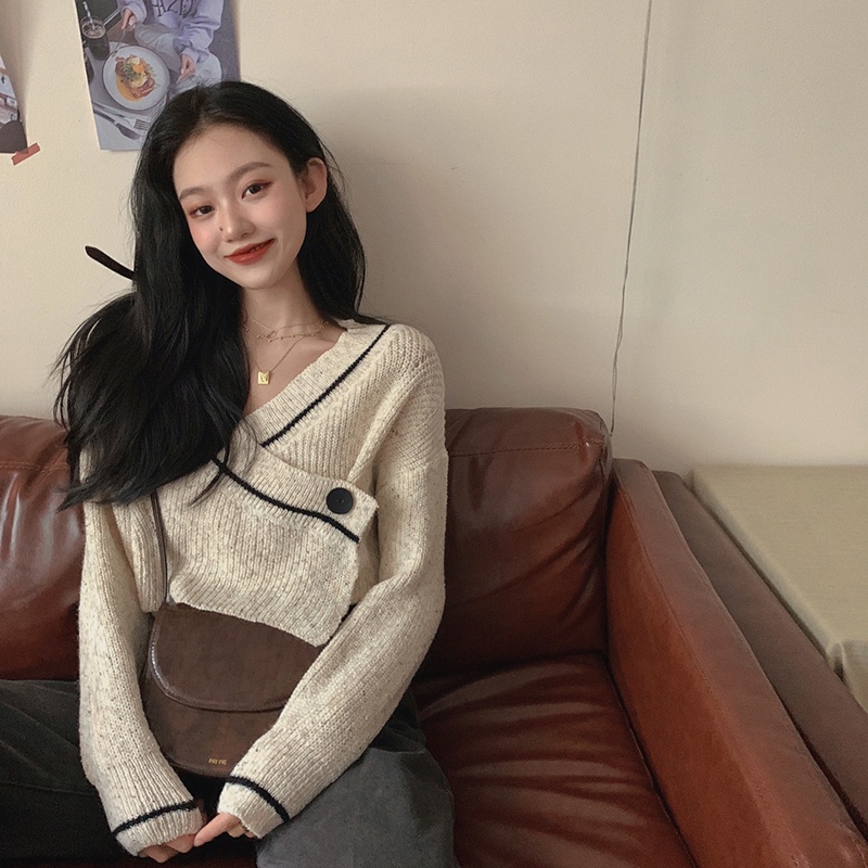 QADCOL Áo sweater tay dài dáng ôm phối hàng nút đơn thời trang cho nữ