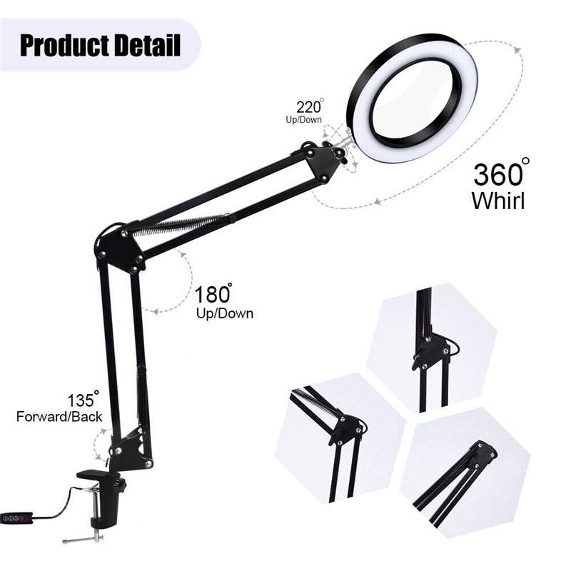 Kính lúp 10x kẹp bàn có đế kèm đèn LED, kim loại sơn tĩnh điện cao cấp sửa chữa điện thoại, điện tử, đồng hồ, đọc sách