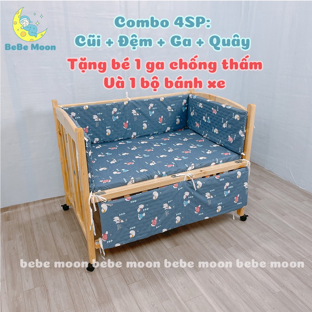 [Có Combo] Cũi Gỗ Quế Màu Tự Nhiên Kích Thước [120x80x85] BeBe Moon BH 24 Tháng