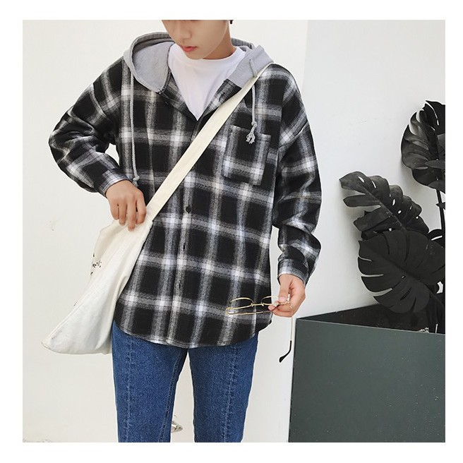 [FREESHIP TỪ 50K] Áo Sơ Mi Cho Cả Nam Và Nữ Kẻ Caro Flannel Phối Mũ Unisex Vải Kate Hàn Đẹp Và Thoáng Mát