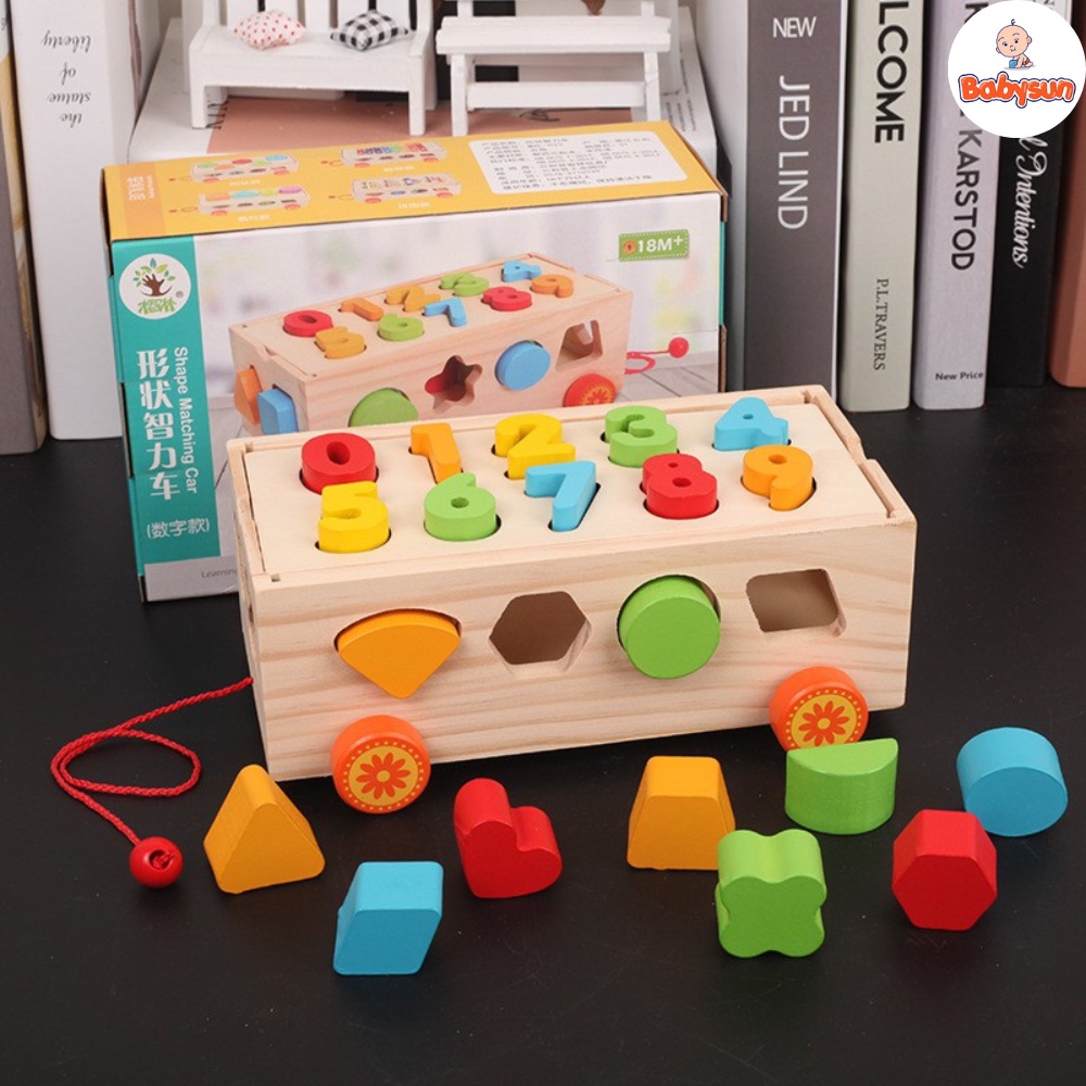 Bộ đồ chơi xe kéo thả hình khối và ghép số bằng gỗ cho bé - đồ chơi gỗ phát triển trí tuệ
