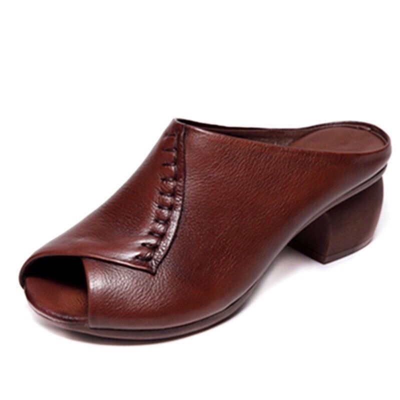 Dép Da Đế Dày Mềm Mại Hở Mũi Phong Cách Retro Thời Trang Cho Nữ