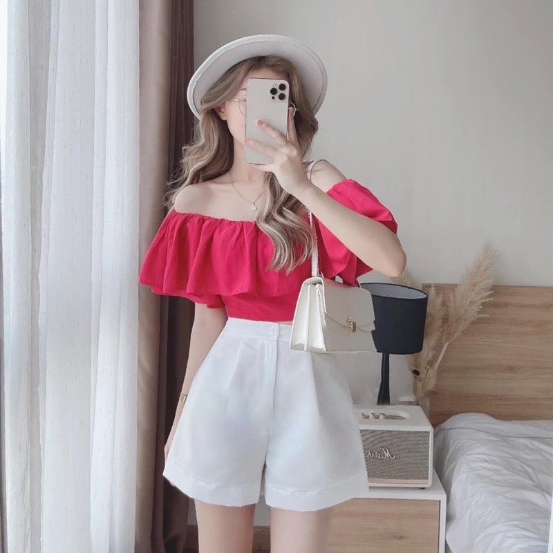 (Ảnh thật trải sàn) Áo croptop trễ vai 4 màu