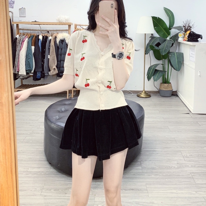 Áo len cadigan len mongtoghi cherry phối khuy bọc vintage xinh ghê