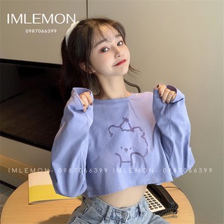 Áo Croptop Nữ Tay Dài Hoạ tiết HAPPY BEAR 2 Màu Form Rộng, Năng Động