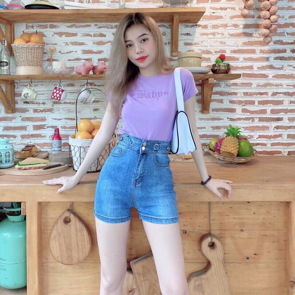 Quần short nữ lưng cao King168, chất jean co dãn nhẹ mẫu Trend04