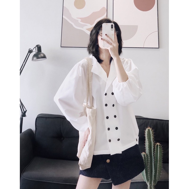  áo cổ vest 2 hàng nút đen tay bồng | BigBuy360 - bigbuy360.vn