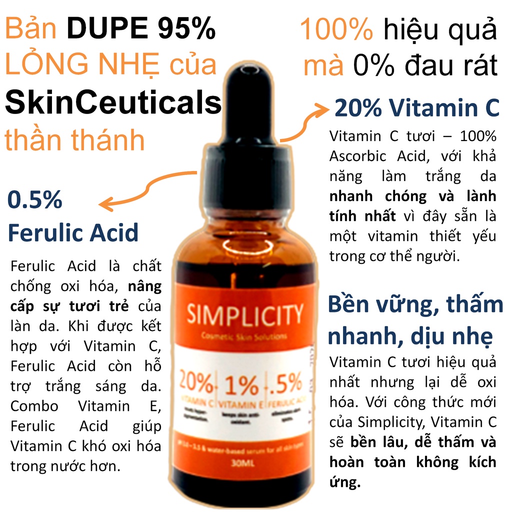 Tinh chất trắng da mờ thâm 20% Vitamin C 0.5% Ferulic acid 1% Vitamin E Simplicity