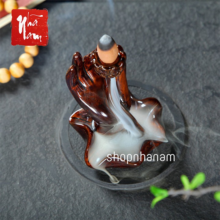 [Bán sỉ] Thác khói trầm hương để bàn niêm hoa vi tiếu tay phật phật thủ màu nâu