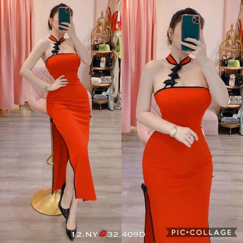 Đầm body sườn xám cách tân nút tàu