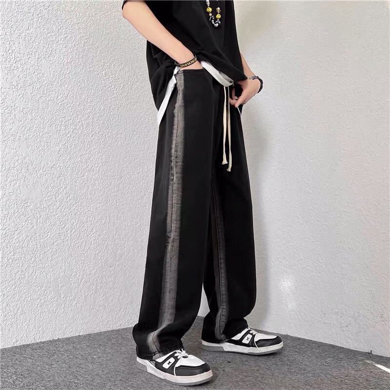 Quần bò jeans ống rộng cạp chun dây rút viền phối màu đậm nhạt hiphop Ulzzang siêu chất ❤️