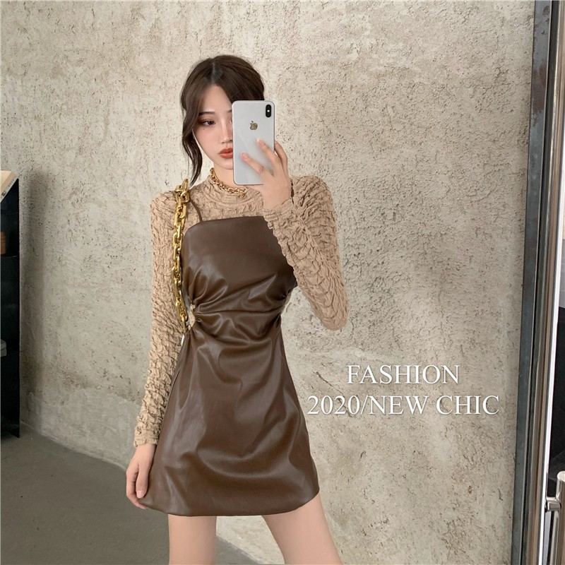 Set bộ ulzzang thiết kế mới nhất váy dây da và áo vân Hàn Quốc nâu be