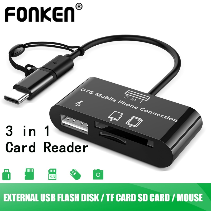 Đầu đọc thẻ Fonken có chức năng OTG 3 trong 1 Type-c Micro-USB USB cho điện thoại Macbook máy tính bảng