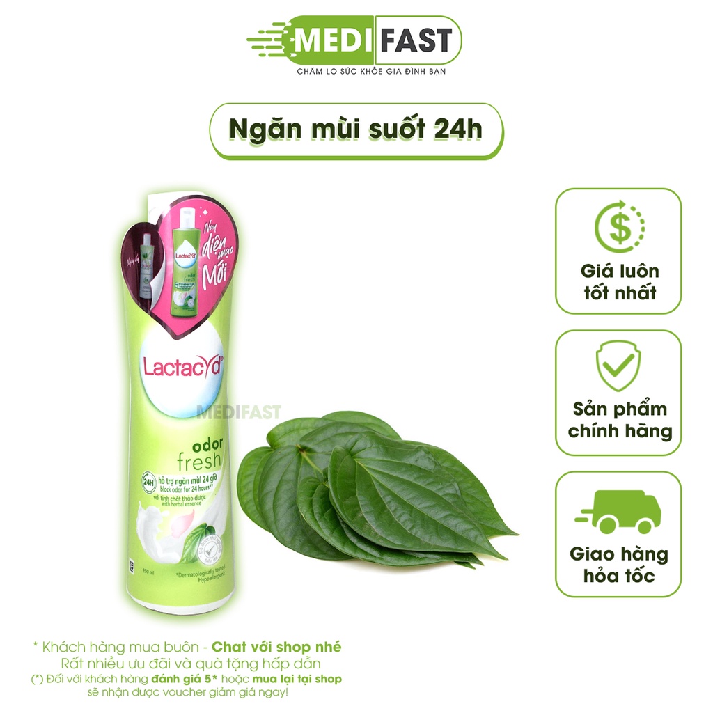 Dung dịch vệ sinh Lactacyd Odor Fresh - Mẫu mới ngày dài tươi mát suốt 24 giờ - từ lá trầu không - Chai 250ml