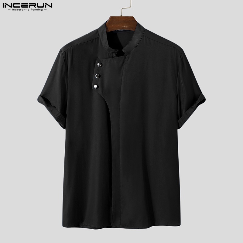 INCERUN Áo Sơ Mi Tay Ngắn Màu Trơn Phối Nút Thiết Kế Độc Đáo Thời Trang Cho Nam