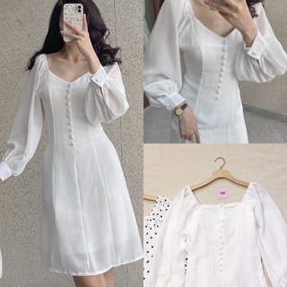 Đầm voan tơ nút bọc tay dài