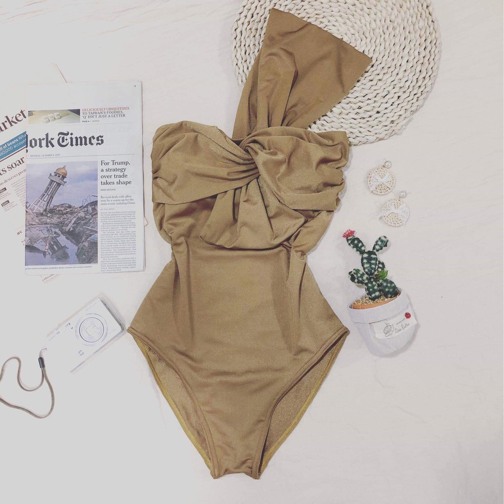 Bikini áo bơi liền mảnh nơ vạt chéo có đệm ngực (Ảnh thật)