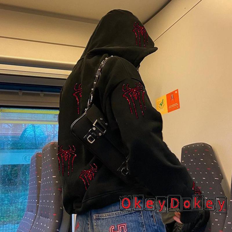 Áo Khoác Tay Dài Có Mũ Trùm Đầu In Họa Tiết Nhện / Đầu Lâu Đính Đá Có Khóa Kéo