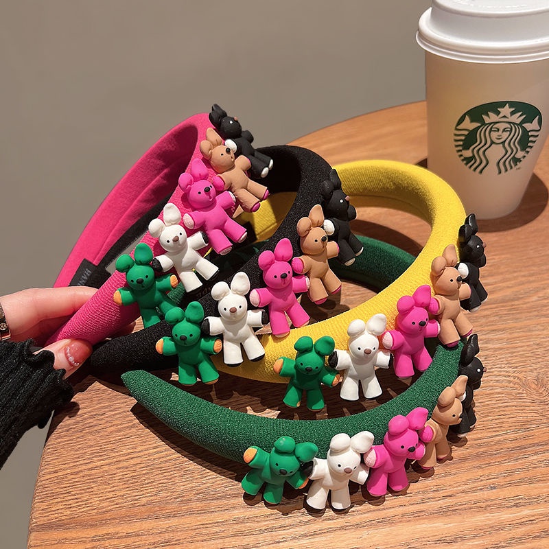 Băng Đô Cài Tóc Hình Gấu Màu Xanh Lá / Đen / Hồng Kiểu Hàn Quốc Xinh Xắn