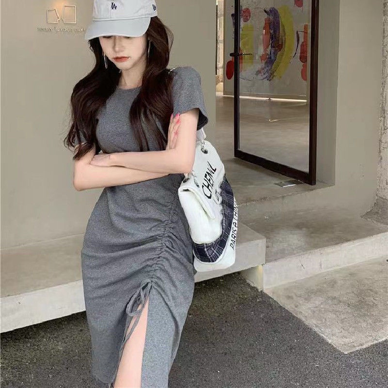 COZOK Đầm Tay Ngắn Phối Dây Rút Xẻ Tà Quyến Rũ Hợp Thời Trang