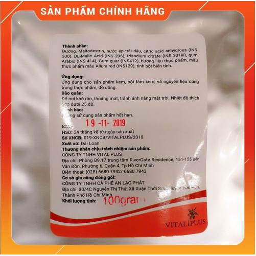 [HÀNG CHÍNH HÀNG] Bột dâu tây Đài Loan 100 g làm nguyên liệu dùng trong thực phẩm, đồ uống, làm bánh, kem.