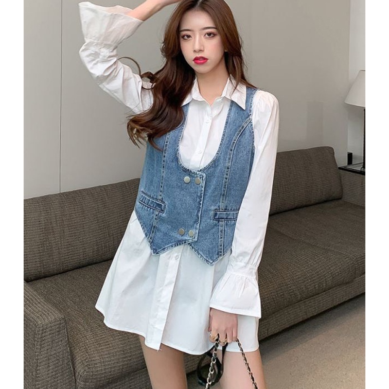 Set váy sơ mi dáng ngắn tay bồng xòe mix áo gile HV702