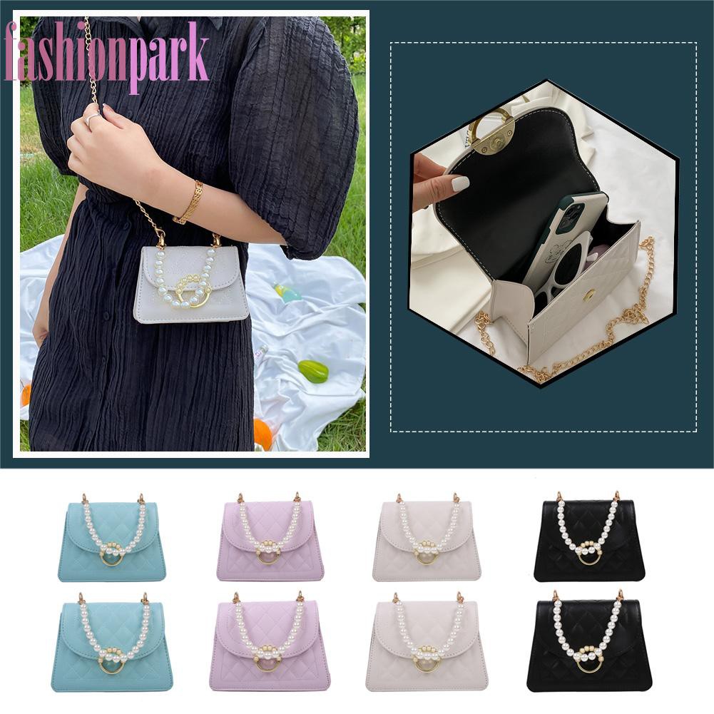 (FAS) Fashion Women Lattice Pattern PU Crossbody Bag Casual Pearl Chain Handbags