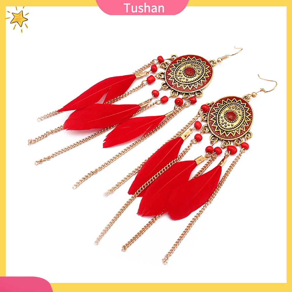 Đôi Bông Tai Dáng Dài Phối Lông Vũ Phong Cách Vintage Cho Nữ